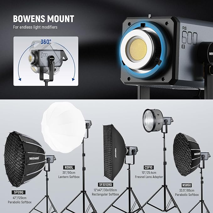 NEEWER AS600B COB LED Continuous Output Video Light with 2.4G/APP Control, 600W Output 2700K-6500K CRI96+/TLCI98+ PWM Dimming Source Match 12 Scenes Bowens Mount Silent Fan for TV News Studio