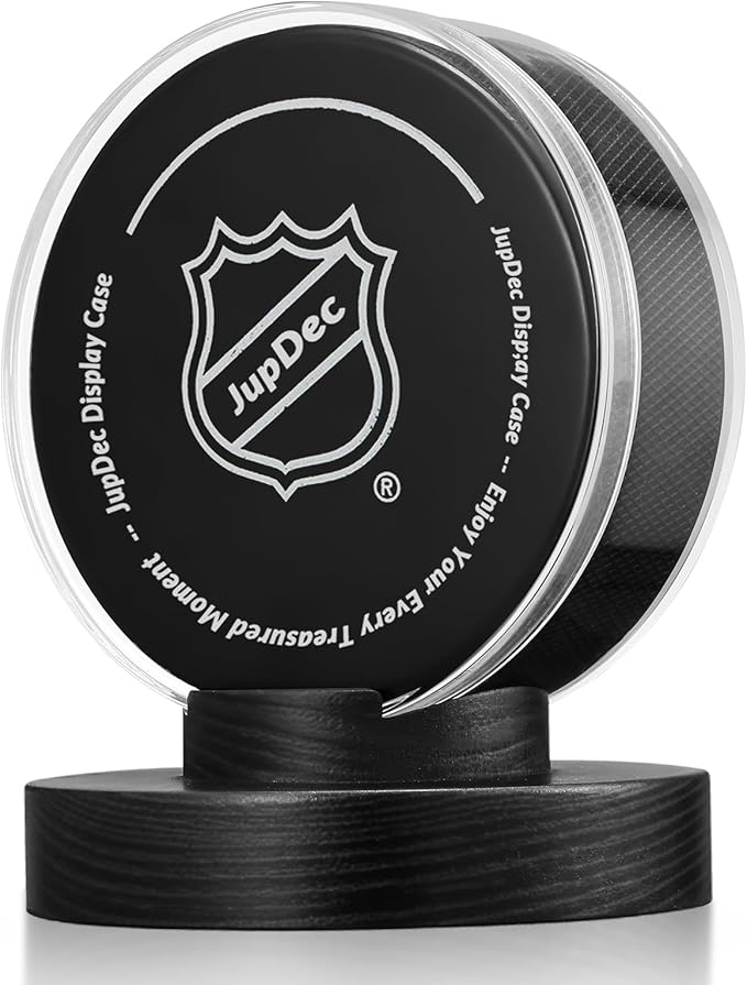 JupDec Hockey Puck Display Case Acrylic Clear Holder with Wood Base, Autograph Souvenir Display Stand, Perfect Showcase for Your Collection, Black, 1 Pack