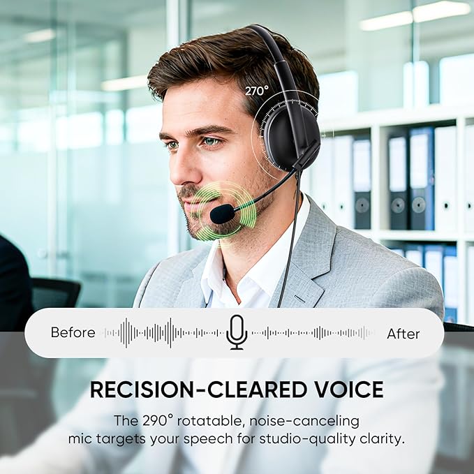 USB Headset with 290° Rotating Noise-Canceling Microphone, USB-A/Type C/ 3.5mm Wired Lightweight Office Headphone with Mute Button & Volume Control for PC, Mac, Cell Phone, Zoom Calls