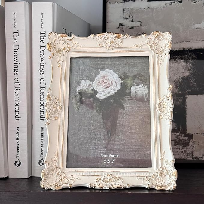 CISOO 5x7 Vintage Picture Frame Antique Ornate White with Gold Photo Frame, for Table Top and Wall Display, Decorative Floral Design Retro Home Decor, Photo Gallery Art
