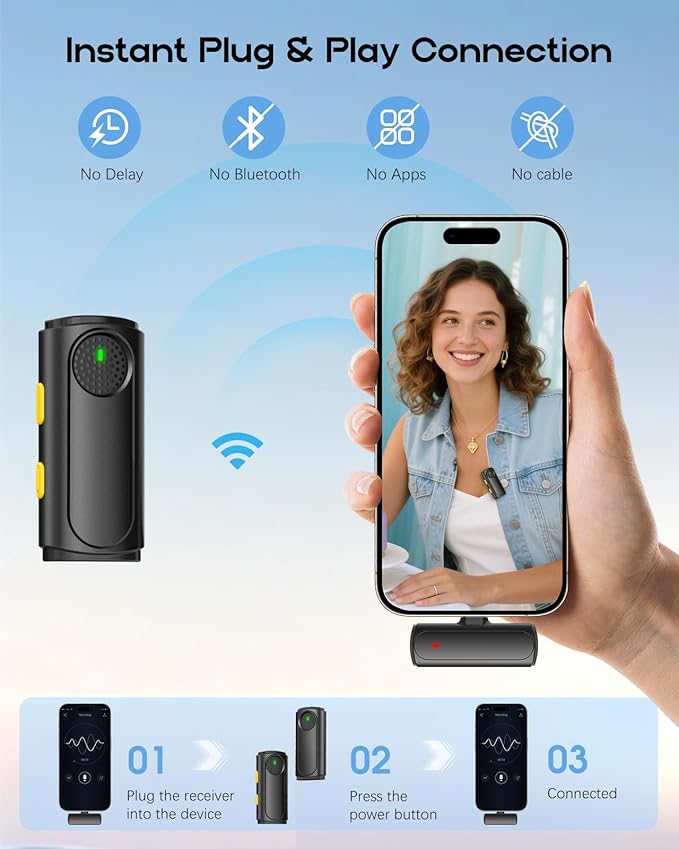 Wireless Mini Microphone for iPhone - 2 Pack Lavalier bluetooth Microphone for Video Recording, 2 In 1 Noise Reduction Lapel Mic for Android, Clip on Mini Mic for Content Creators (with Charging Case)