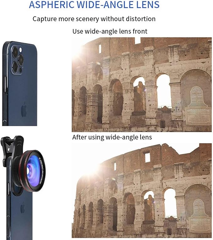 4K HD 0.45X Wide Angle Lens + 15X Macro Lens for iPhone Samsung - with Mini Selfie Ring Light, Quick Clip, Release Strap, Cleaning Cloth & Travel Case - Universal Phone Camera Lens Kit for Photography