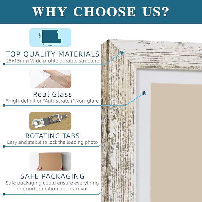 8x8 Picture Frame Set of 4, Made of Glass and Multicolour Wooden Frame, 8 by 8 Photo for Wall or Tabletop - Display Picture 6x8 with Mat or 8x8 Without Mat