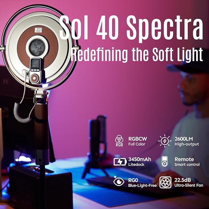 Harlowe Sol 40W Spectra LED Video Light Panel Studio and Travel RGBCW Light Kit for Photography and Video Recording 9.5 inch Round Light Panel with Remote Control for Vloging, Podcast, Filming, Etc.