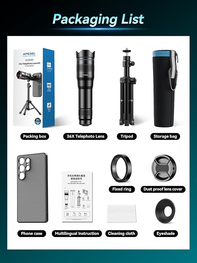APEXEL 36x Telephoto Lens Compatible with Samsung Galaxy S25 Ultra | Photography for Travel, Birdwatching, Exploration | Kit with Sturdy Metal Tripod and Threaded Phone Case