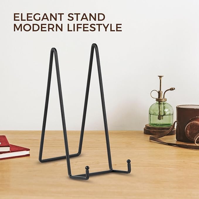Large Plate Holder Display Stand - 10 inch Tall Plate Stands for Display - Metal Picture Frame Stand - Big Tabletop Easel Stand for Decorative Plates | Platter | Book | Plaque | Tile - 2 Pack - Black