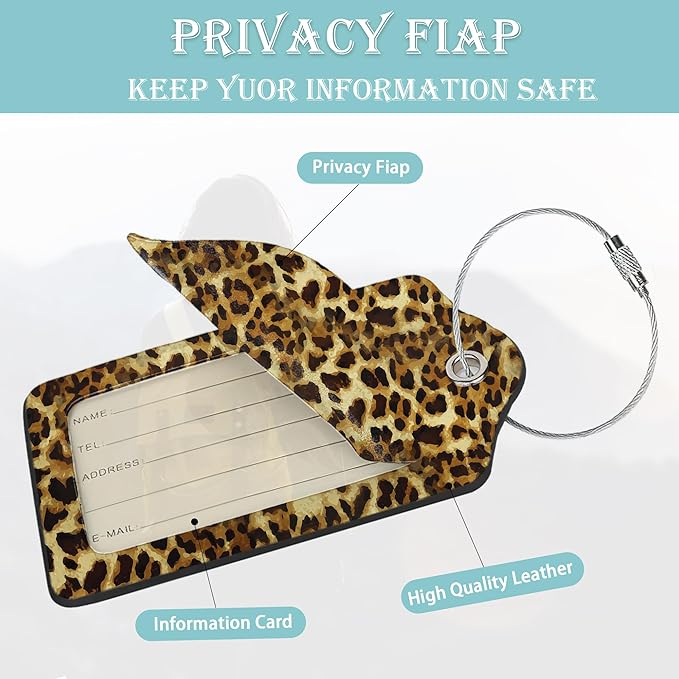 Luggage Tags for Suitcase,2 Pack Leopard Luggage Tag Wild Animal Skin Print PU Leather Privacy Cover ID Label with Stainless Steel Loop for Women Men Teens Travel