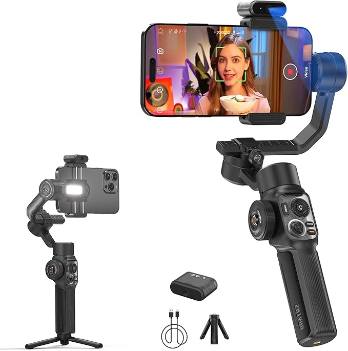 ZHIYUN Smooth 5S AI Combo 3-Axis Gimbal Stabilizer for iPhone 15 Pro Max & Android Smartphone Gimbal with AI Tracker, Built-in Fill Light, Tripod, Phone Stabilizer for Video Recording Vlog Filming