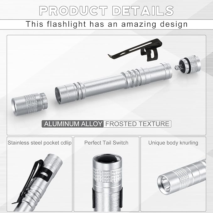 Hortsun 20 Pcs Mini Pen Light Flashlights Christmas Gifts for Men Pocket Flashlights Pen with Clip Small LED Handheld Slim Torches Without Battery(5.12 Inch,Silver White)