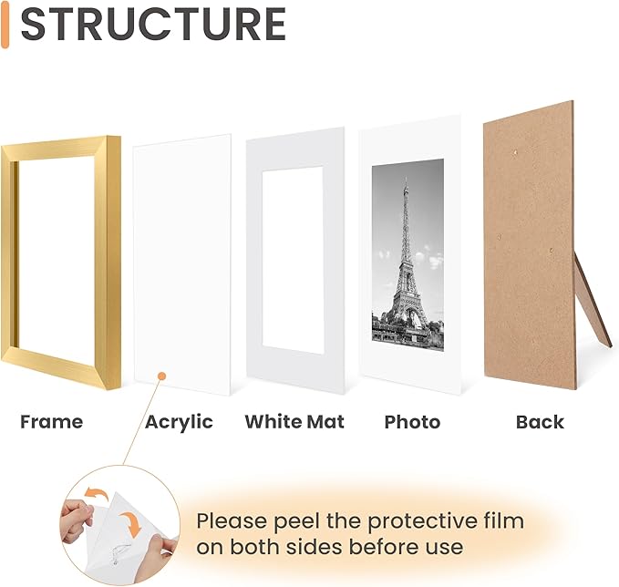 upsimples 8.5x11 Picture Frame Set of 10, Display Pictures 6x8 with Mat or 8.5x11 Without, Multi Photo Frames Collage for Wall or Tabletop Display, Gold