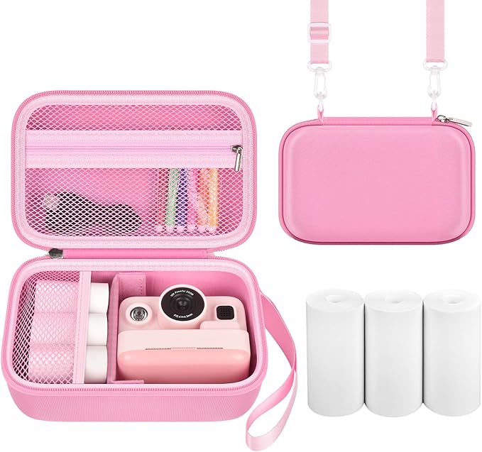 Kids Instant Print Camera Case for Dylanto/for Gofunly/for DUDUDRAGON/for ESOXOFFORE, Digital Video Camera Storage Box with 3 Roll Papers, Holder for Color Pen and Accessories (Bag Only)- Pink