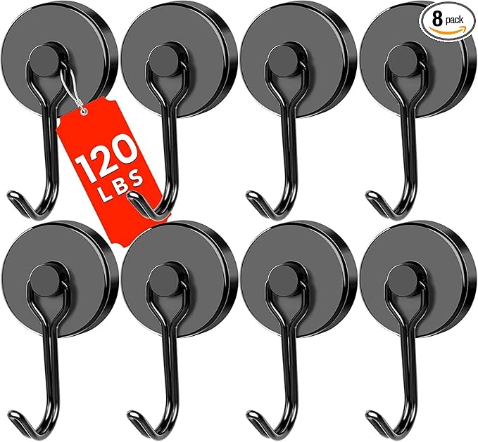 DIYMAG Black Magnetic Hooks 120LBS Strong Magnetics Heavy Duty 2026 Cruise Ship Essentials Magnets with Metal Hook for Hanging Refrigerator Home Kitchen Office, 8Pack