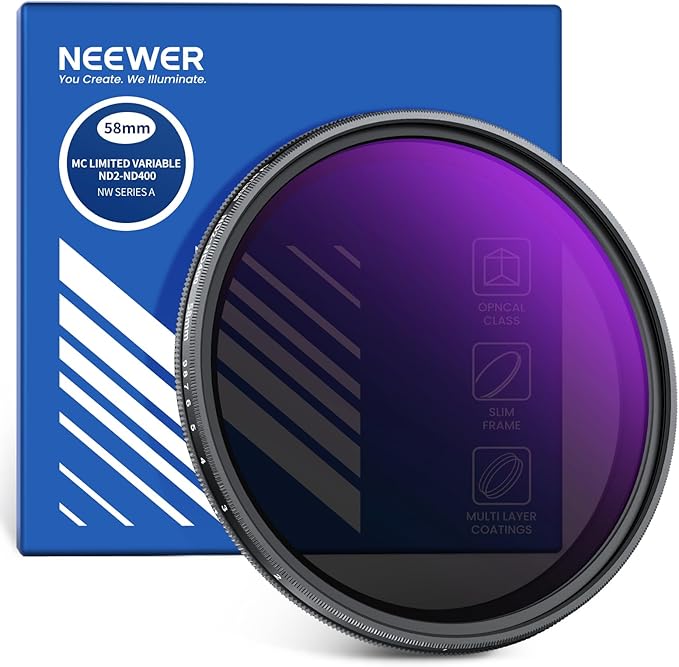 NEEWER 58mm Variable ND Filter, Hard Stop Limited Adjustable ND2-ND400 Camera Lens Neutral Density Photography Filter, Multicoated Water Repellent Scratch Resistant Optical Glass Slim Aluminum Frame