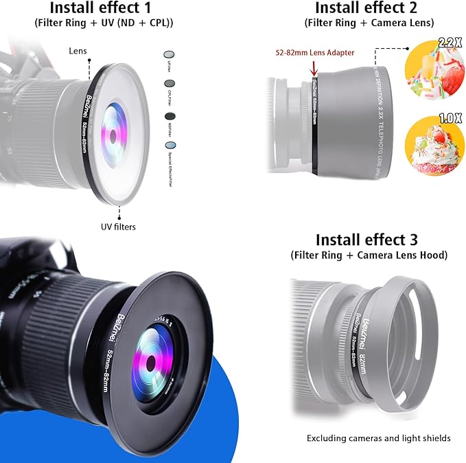 52mm to 82mm Camera Filters Ring,Filters Ring Compatiable All Brands Ø52mm Lens to Ø82mm UV ND CPL Camera Filter Accessory.Made of CNC.