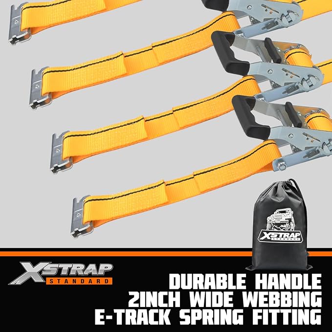 XSTRAP STANDARD 4 Pack E-Track Ratchet Straps 2" x16', 4400 LBS Break Strength Interior Van Solution Heavy Duty Tie Down Strap for Moving, Truck, Trailers, Motorcycles, Kayaks, Car Roof, Yellow
