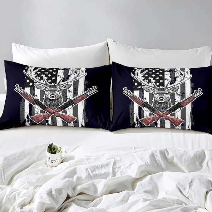 Erosebridal Deer Sheet Set American Flag Bedding Full Size Hunting Theme Bed Sheets Western Rustic Farmhouse Decor Fitted Sheet Wild Animal Elk Print Flat Sheet USA Flag Sheets 4 Pcs