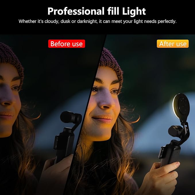 AMAZEAR LED Light for DJI OSMO Pocket 3 Accessories, Auto-Follow Gimbal Selfie Vlog Video Auxiliary Fill Lighting, CRI≥95, 3-Color Temp 2500-9000K Brightness Adjustable, 2W USB-C (Black)