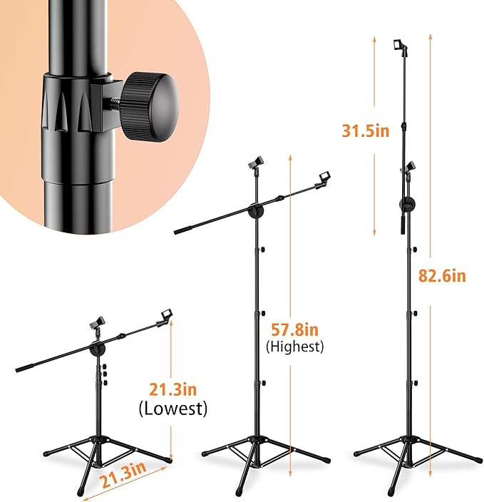 Microphone Stand Floor 2 Mic Clips Foldable Mic Stands Heavy Duty Tripod Boom Arm with 2 Screws Adapter 2 Foam Covers and Carrying Bag for Singing Karaoke Stage HLS03