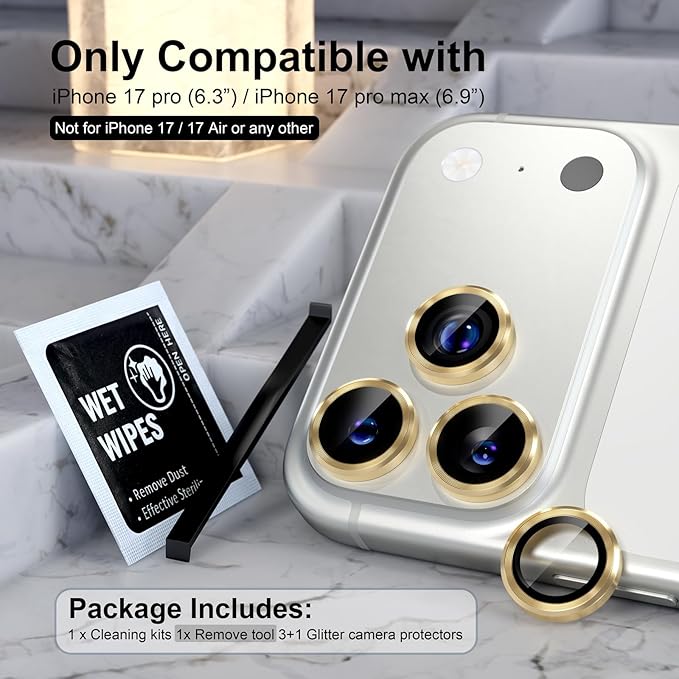 Choiche Compatible for iPhone 17 Pro/iPhone 17 Pro Max Camera Lens Protector, 9H Tempered Glass Camera Cover Screen Protector Metal Ring Decoration Accessories (Gold)