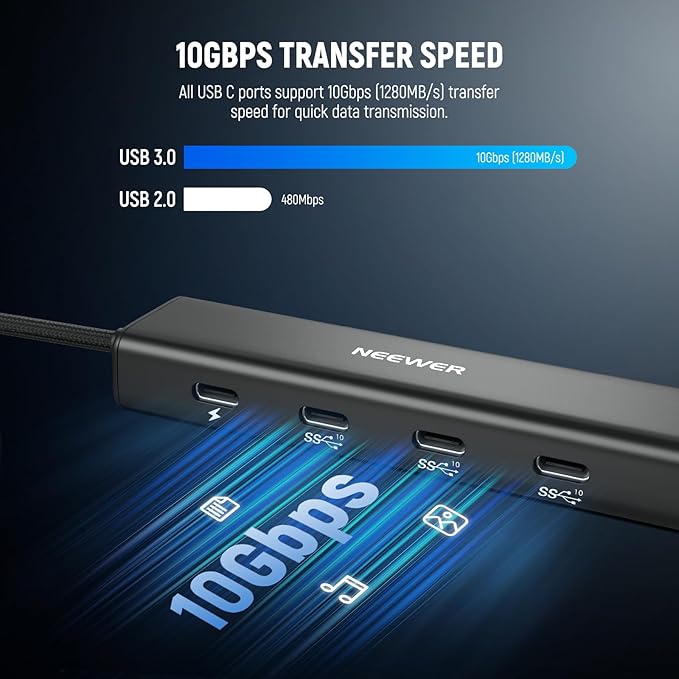 NEEWER USB C Hub Dock with Cold Shoe Adapter, 4 in 1 Multiport Adapter Dongle with 3X USB C Port 3.1 Gen2 & 1x 100W PD, 10Gbps Compatible with iPhone 16 15 iPad Mac Android PC Laptop, PS020E