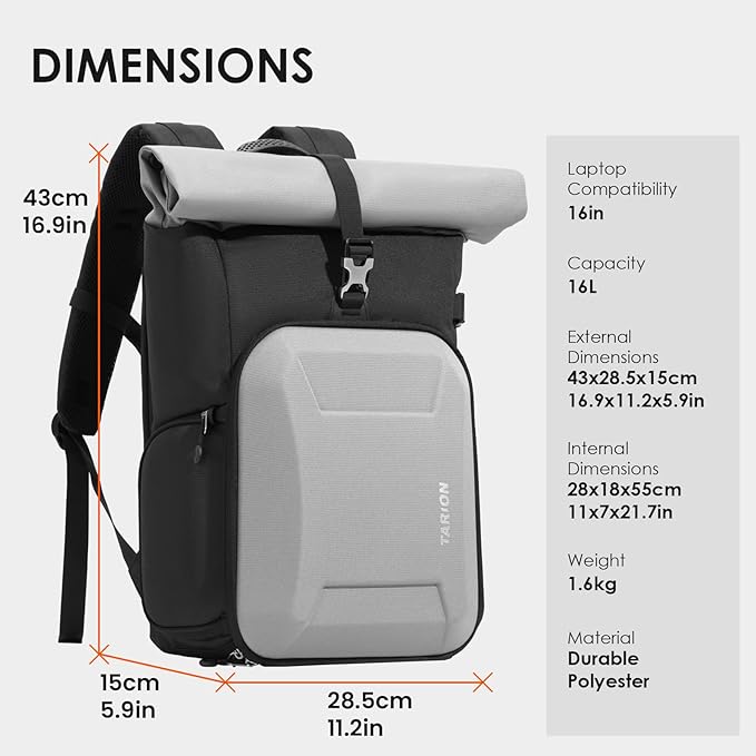 TARION Hardshell Large Camera Backpack - Expandable Camera Bag for Photographers with 16" Laptop Compartment & Side Access & Rain Cover(XH Silver)
