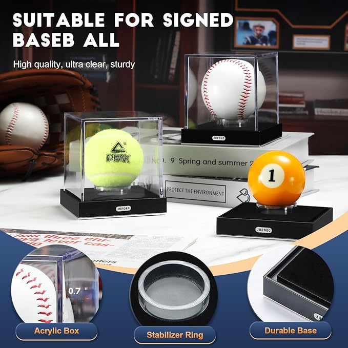 JupDec Baseball Display Case for Single Autograph Ball, Clear Acrylic Cube Baseball Holder with Velvet Interior, UV Protected Stand Box with Durable Base, Ideal Gift for Sports Fans, Silvery, 2 Pack