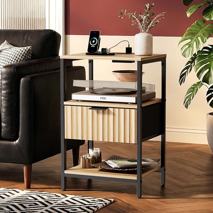 Bonnlo Fluted Nightstand with Charging Station, End Table with Fabric Drawer, Night Stand with Storage Shelf & Handle, Fluted Side Table for Bedroom/Living Room, Oak
