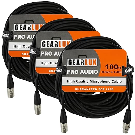 Gearlux XLR Microphone Cable, Fully Balanced, Male to Female, 100 Feet - 3 Pack