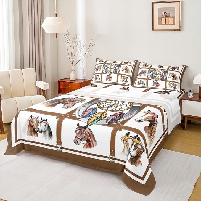 Erosebridal Horse Sheets Cowboys Western Brown Horse Print Bed Sheets Cowgirls Rustic Farmhouse Decor Fitted Sheet Grids Patchwork Flat Sheet Dream Catcher Feather Bedding Sets Twin Size 3 Pcs