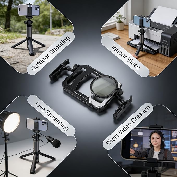 Smartphone Video Rig with Aluminum Alloy Frame, Telescopic Handle, ND Filter, Horizontal and Vertical Support - Dual Handle Stability, Expandable Mounts for Vlogging and