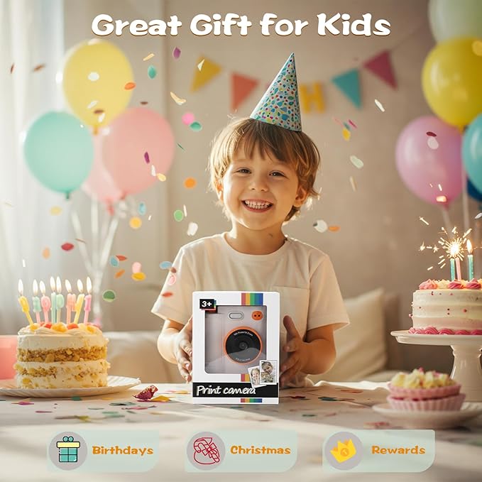 Kids Camera Instant Print, 1080P HD Dual-Lens Selfie Digital Camera with 5 Printing Paper Rolls & 32G TF Card, for Children, Portable Toddler Toy for Age 3-12 Boys & Girls (White)