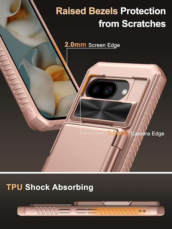 Vihibii for Google Pixel 9a Case Wallet with Card Holder (4 Cards) [RFID Blocking] & Slide Camera Cover & Raised Edges Protect Screen, Shockproof Rugged Phone Cover for Google Pixel 9a 2025, Rose Gold