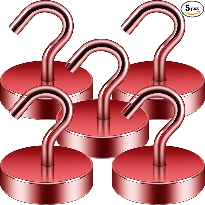 Neosmuk Magnetic Hooks, Cruise Ship Essentials, 80lb+ Heavy Duty Magnetic Hooks for Cruise Cabins, Refrigerator, Grill, Hanging, and Travel | Extra Strong Must-Haves Magnet Hook,Red, 5 Pack