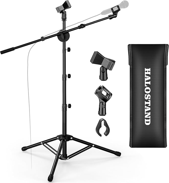 Microphone Stand Floor 2 Mic Clips Foldable Mic Stands Heavy Duty Tripod Boom Arm with 2 Screws Adapter 2 Foam Covers and Carrying Bag for Singing Karaoke Stage HLS03