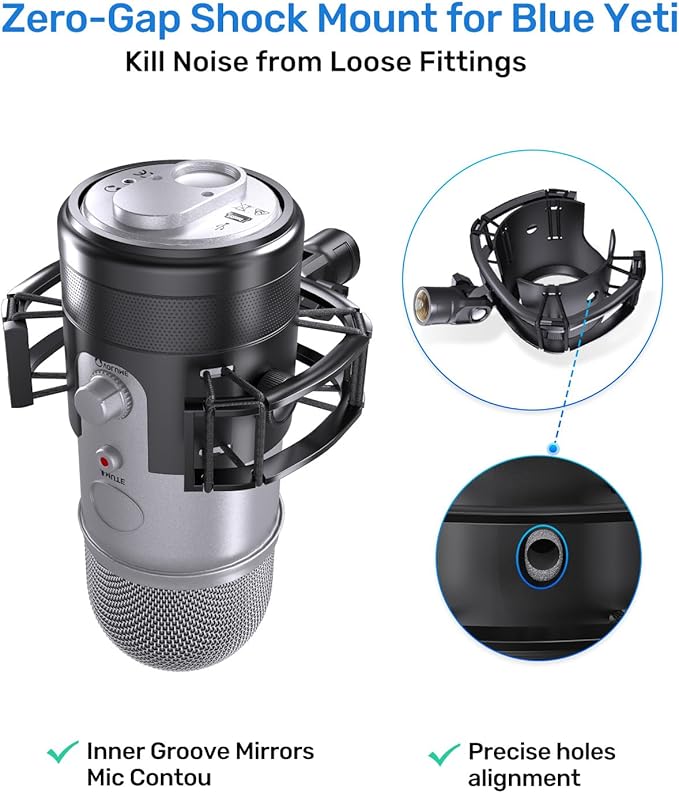 [2026 Upgrade]Custom Blue Yeti Shock Mount with Pop Filter - Elastic Suspension Design Reduces Vibration Noise, Shock Mount 100% Fits Blue Yeti, Matches Mic Boom Arm, with 3/8" to 5/8" Screw Adapter
