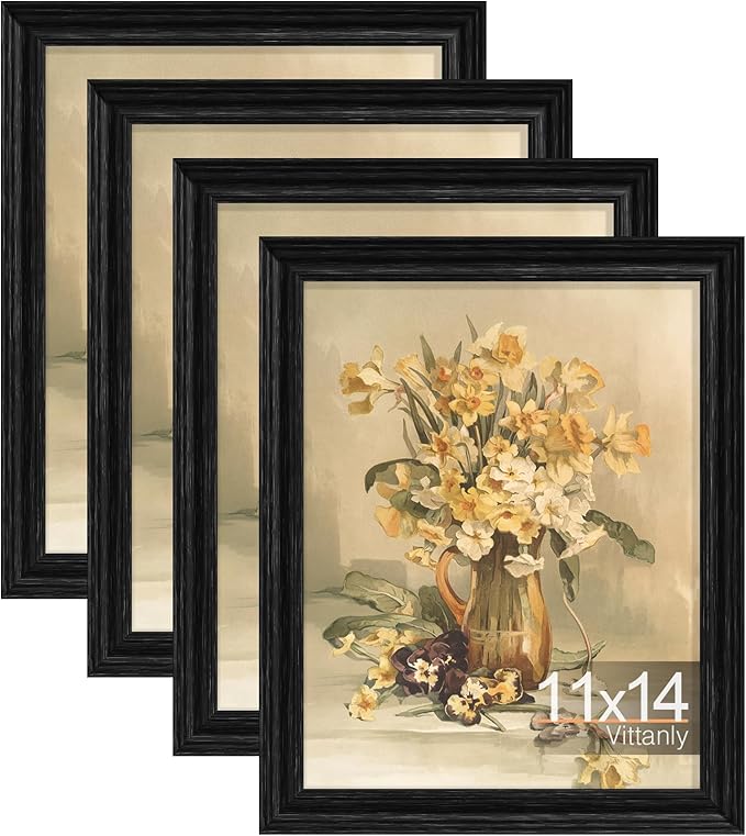 Vittanly 11x14 Picture Frame Set of 4, Vintage Photo Frame for Wall or Tabletop, Display 8x10 Pictures with Mat or 11x14 without Mat, Rustic Farmhouse Home Decor, Distressed Black