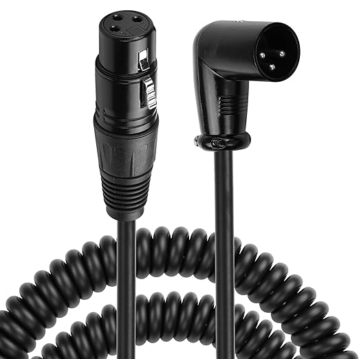 CERRXIAN XLR Microphone Coiled Cable,Male to Female Cable, Balanced X-L-R Cord 8 Feet, Oxygen-Free Copper Mic Cables, XLR Speaker Cables - Black (Right Angle Male to Straight Female)