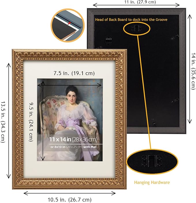 11x14 Antique Gold Wood Ornate Vintage Classic Picture Frame, With Mat 8x10 inches, Real Glass Protection, Horiztonal or Vertical Display