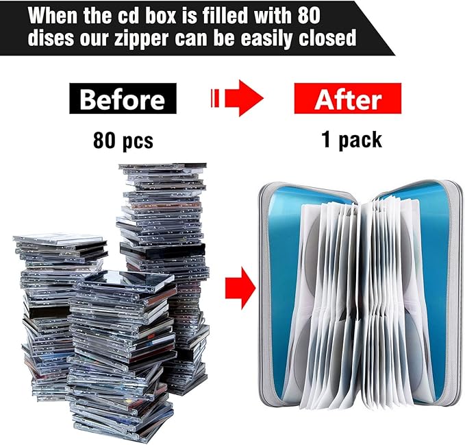 CD Case Holder, 80 Capacity CD/DVD Case Holders Wallet Hard Plastic CD DVD Disc Cases Storage Binder for Car Home Office Travel (Sky Blue)