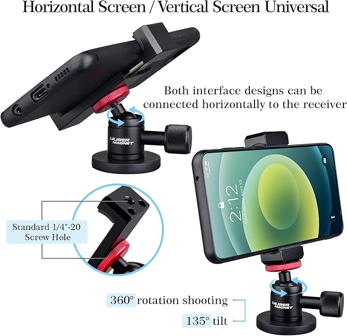 ULIBERMAGNET Magnetic Phone Mount Holder, 360° Rotate with Mini Ball Head Compatible with Smartphone for Cars,Jeep,Boats, Motorcycles