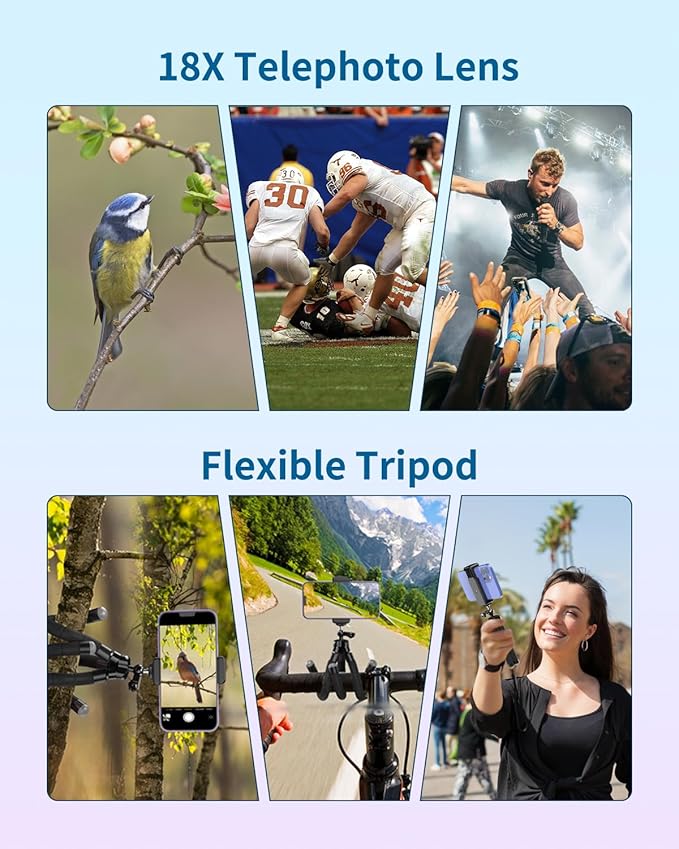 APEXEL 4 in 1 Phone Photography Kit, 18X Telephoto Lens, 198° Fisheye Lens, 15X Macro Lens, 0.63X Wide Angle Lens, Set with Flexible Phone Tripod, for iPhone Samsung Pixel