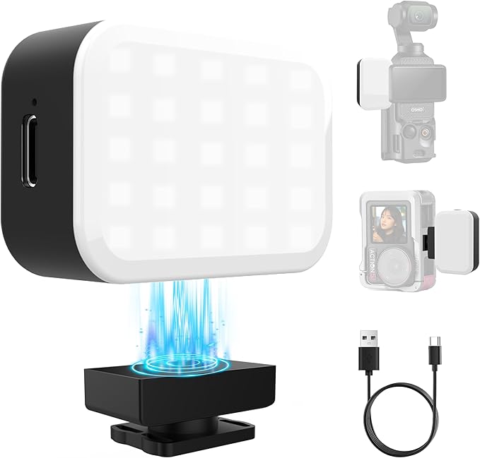 Magnetic LED Selfie Light Compatible for DJI Osmo Pocket 3, Magnetic Mini Fill Light with Cold Shoe Mount Adapter, 3 Color Temperatures, Brightness Adjustable, Rechargeable