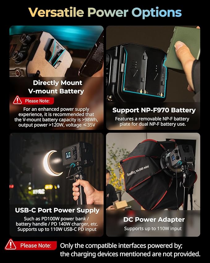 SmallRig RC 100B COB Video Light with Handle, 100W Bi-Color 2700K-6500K, Type-C Fast Charging, Built-in Battery Plate, App Control for Photography, Photo Studio, Mobile Version (Without Battery) 4894