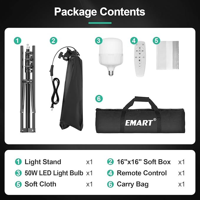 EMART Softbox Photography Lighting Kit, 16"x16" Pull Soft Box, 50W 3000K-6000K LED Bulb with Remote/APP Control, Professional Photoshoot Equipment for Studio Lights, Portrait, Video Recording(1 Pack)