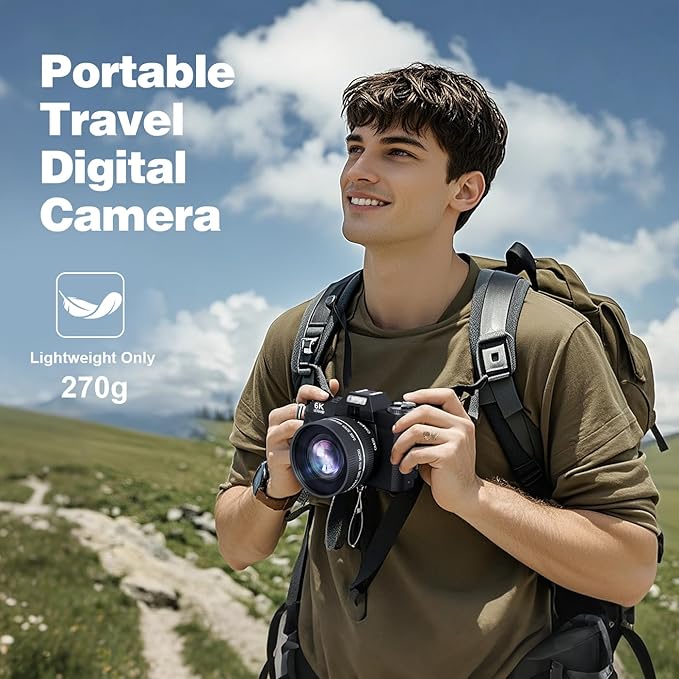 6K 64MP Digital Camera for Photography Vlogging Camera for YouTube, 180° Flip Screen, 16X Zoom Autofocus, Compact Travel Beauty Camera for Teens, 2 Batteries, with 52mm Lens, 32GB SD Card