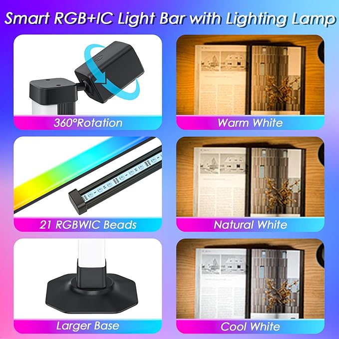 Smart Light Bar with Swivel Lamp, LED Light Bar for Room, RGB & IC Ambient Backlight with 16 Million Colors, 213 Preset & 8 Scene Modes, Dynamic Music Sync, 3 Modes Control, for Gaming, Read