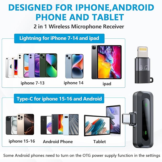 Wireless Microphone Mini Mic for iPhone/Android Phone, LED Display Lavalier Microphone for Video Recording Clip on Lapel Lav Mics Vlog YouTube TikTok