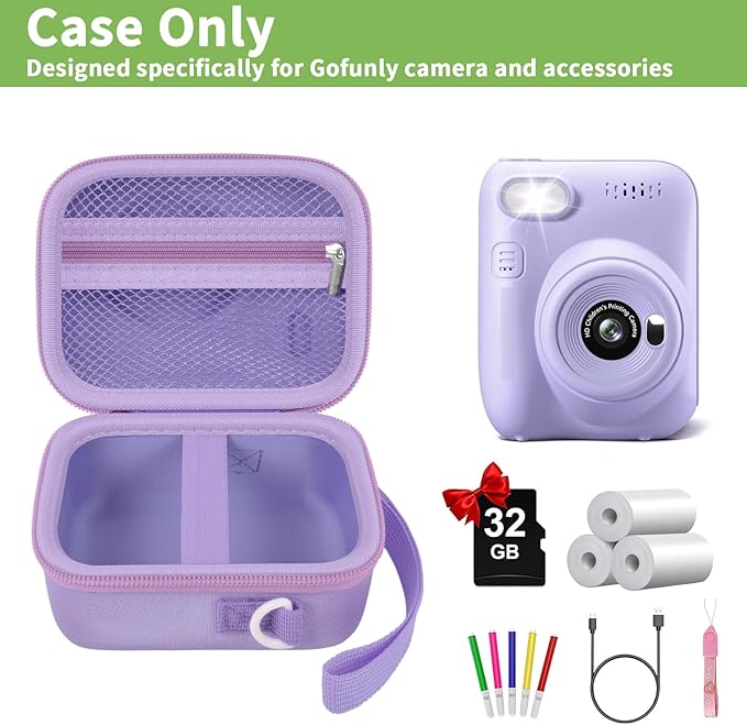 Instant Print Camera Case Compatible with Gofunly Camera, Digital Camera Bag for Esoxoffore/for LETSHAHA/for JPVERLY/for Hangrui, Storage for Printer Paper and 32GB SD Card- Purple (Box Only)