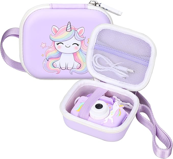 worfty Kids Camera Case Compatible with MAVOKIS/Envyvip/Seckton/KIZJORYA/Goopow Digital Video Camera Toys Camcorder Storage Holder Carrying - Purple Unicorn(Case Only)