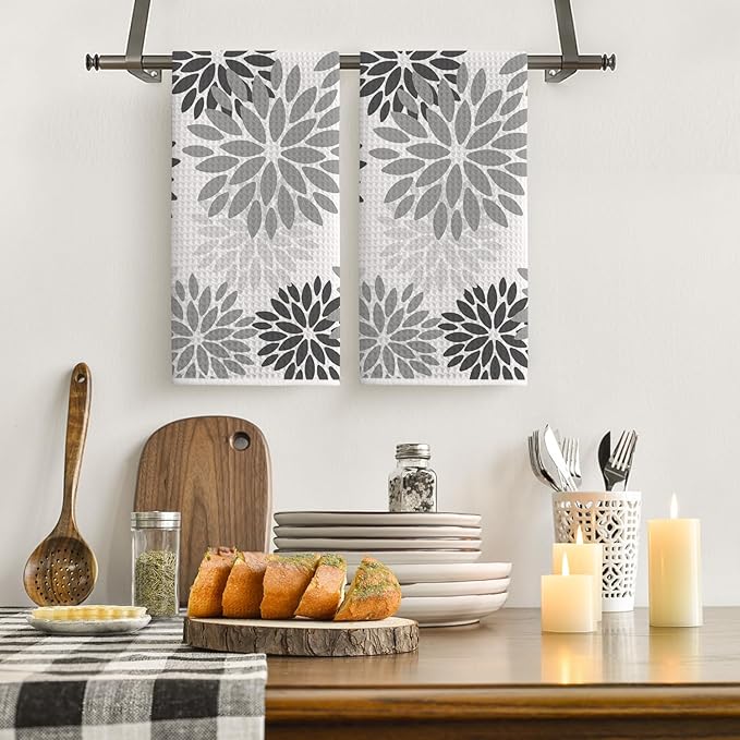 Artoid Mode Grey Dahlia Floral Bar Kitchen Towels, 12x24 Inch Quick Dry Microfiber Cloth Dish Towels for Kitchen Drying Set of 2